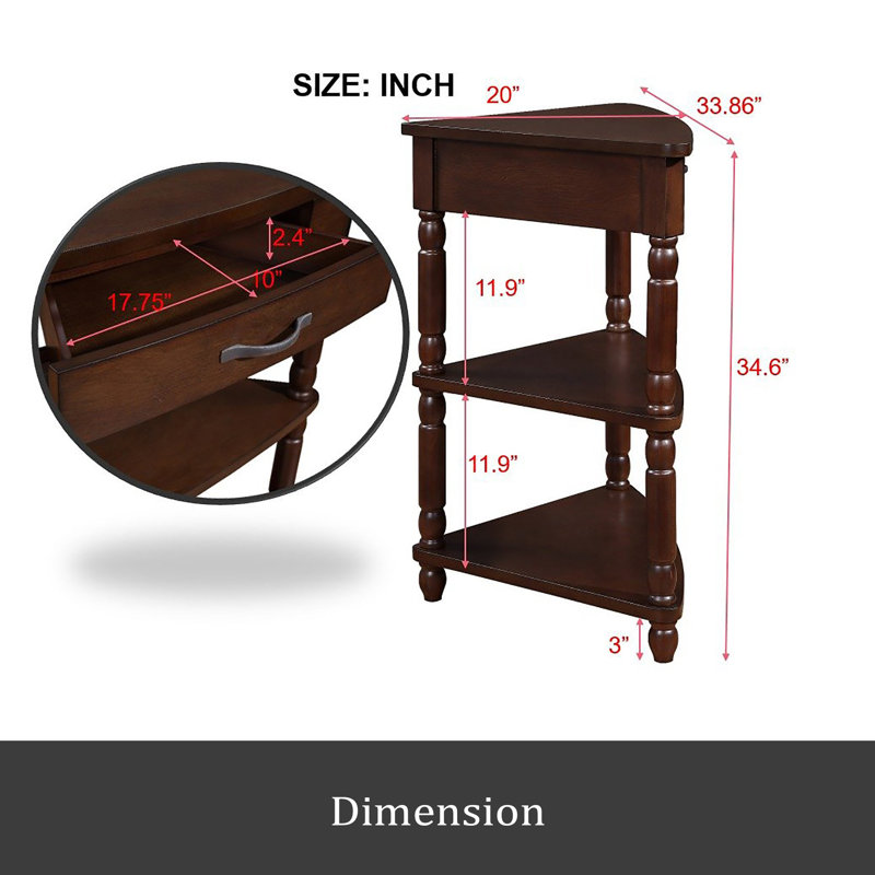 33.8-inch small triangular corner table, suitable for small spaces/living rooms, wooden corner table, three-tier corner table with solid wood legs