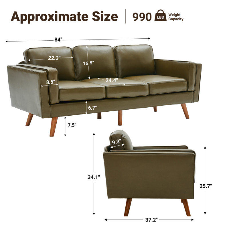 84'' Mid-Century Modern Upholstered Sofa, Solid Wood Frame & Legs, 3-Seat Couch for Living Room, Green Faux Leather