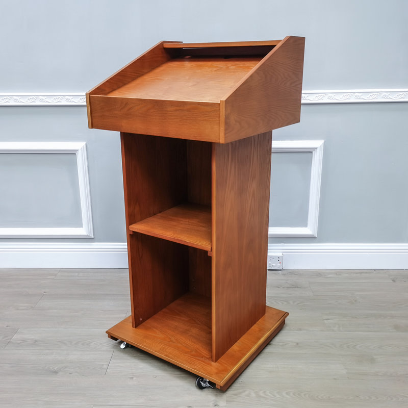 Deluxe Mobile Wood Podium with Open Shelving and Wheels