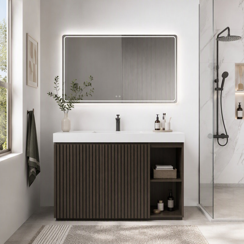 Meuble-lavabo de salle de bain avec lavabo, grand meuble-lavabo autoportant pour salle de bain moderne, lavabo une pièce blanc sans bonde ni robinet