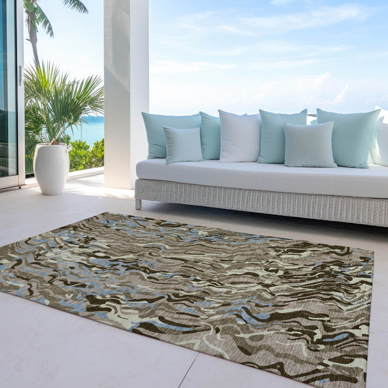 Taupe and Blue Synthetic Washable Non-slip Rectangular Rug
