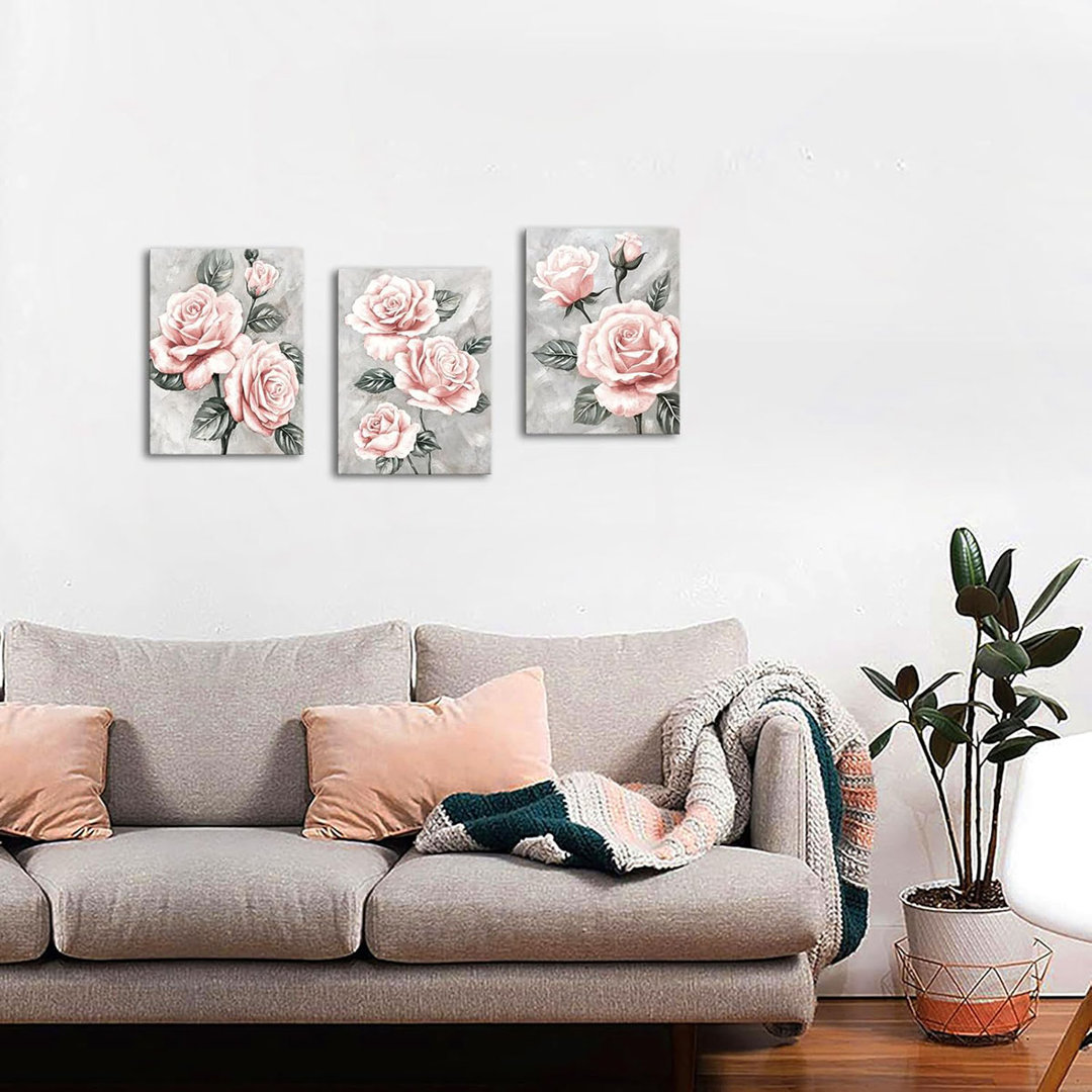 3 Pieces Pink Rose Flower Wall Art Paintings - Floral Picture Prints On Grey Canvas - Framed Wall Decoration - Trendy Pink Bathroom Bedroom Decor - Ea