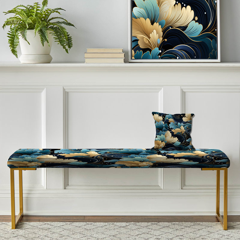 Upholstered Gold Bench, Blue And Beige Paisley Flowers Elegance