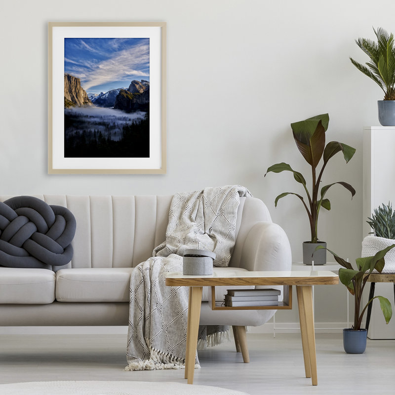 Demi-dôme avec impression encadrée de brouillard sous verre, design par Jon Evan, H 23 po x l 17 po, Cadre de récolte en pin
