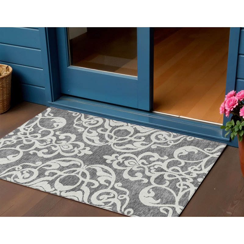 3' X 5' Gray And Ivory Damask Washable Indoor Outdoor Area Rug