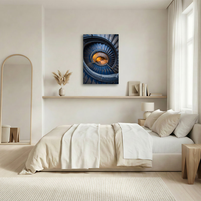 Art mural en toile bleu avec escalier en colimaçon en bois, H 18 po x l 12 po