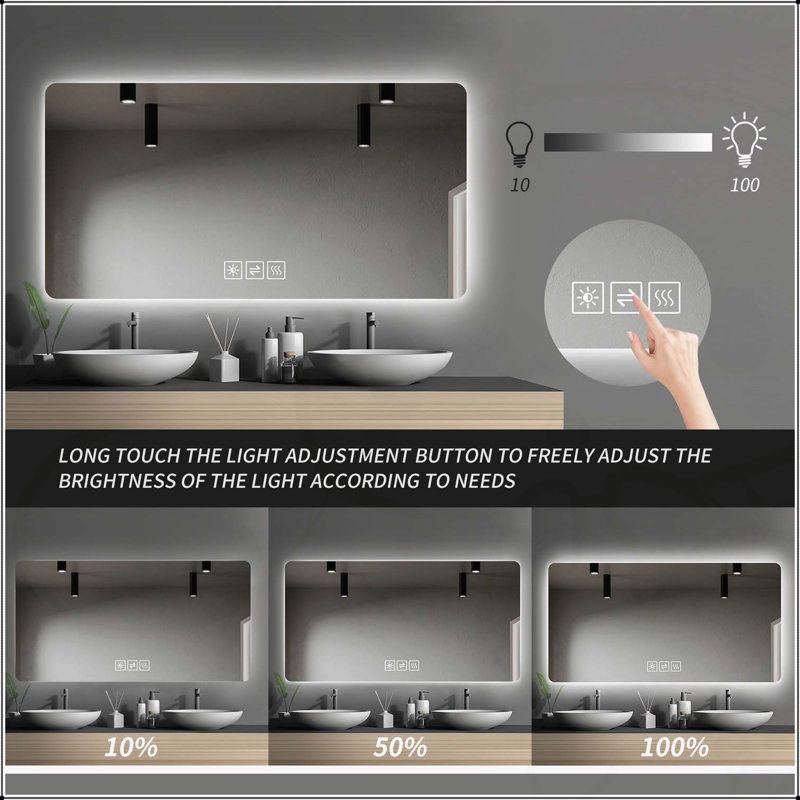Miroir de salle de bain illuminé avec lumières DEL à double face et fonction antibuée, miroir de meuble-lavabo mural avec couleurs et niveaux de gradation réglables, orientation horizontale / verticale