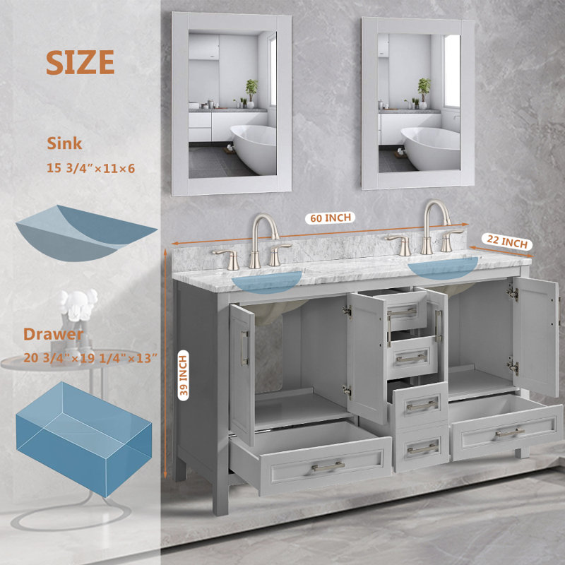 Amini 60" Double Bathroom Vanity Set, Gray