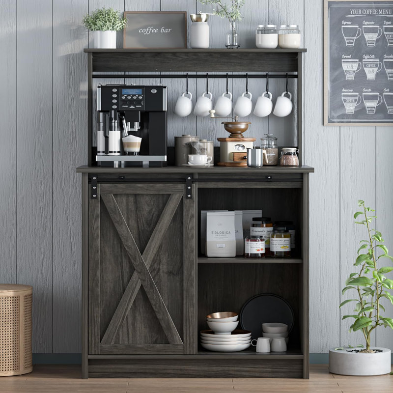 Farmhouse Coffee Bar Cabinet with Storage, Gray Coffee Bar with 6 Hooks, Coffee Bar Table with Sliding Barn Door, Wine Bar Cabinet with Adjustable Shelf for Living Dining Room