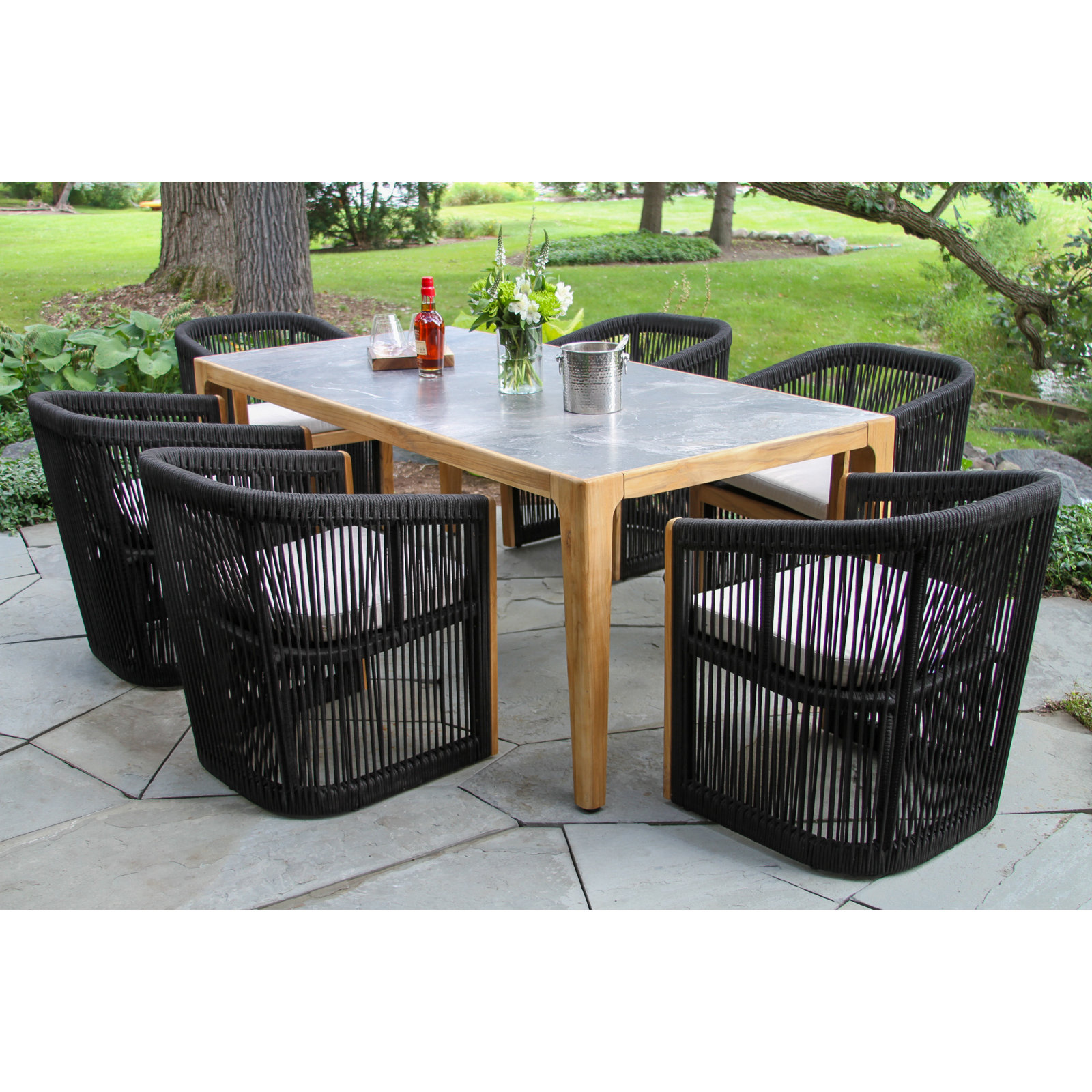 Aniston 7 Piece Teak & Stone Dining Set with Sunbrella Cushions, Gray