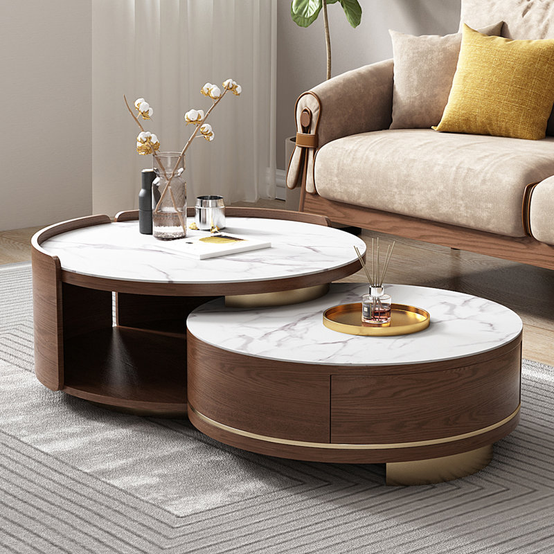 Demint Coffee Table, Sintered Stone Top, 1 Solid Wood Drawers, Fully-Assembled, 15" H x 32.1" W x 32.1" D