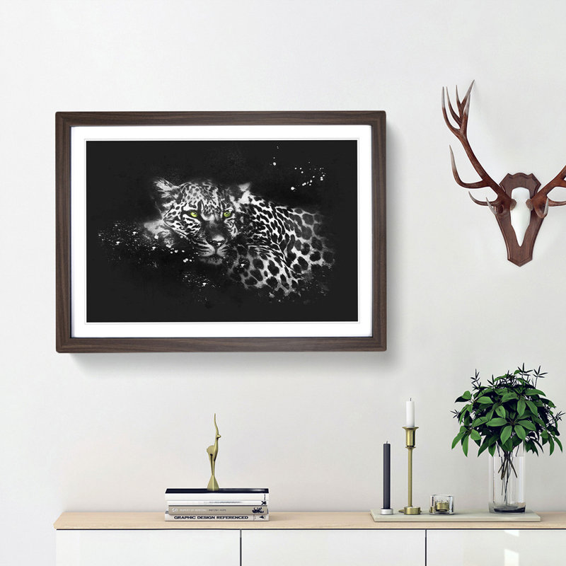 Leopard With Green Eyes High Paint Splash - Picture Frame Graphic Art, 33cm H x 45cm W x 2cm D, Walnut Framed