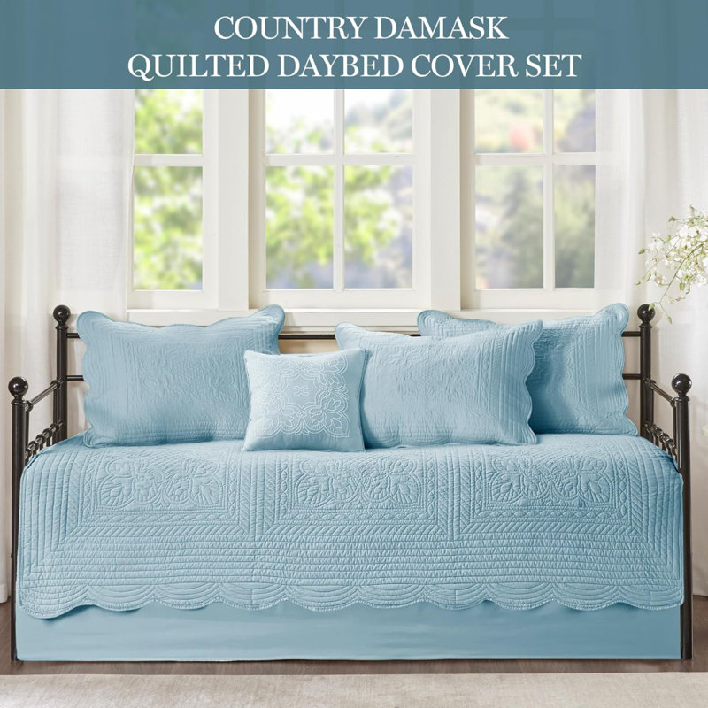 Tuscany Daybed Cover Set-Trendy Damask Quilting With Scalloped Edges All Season Luxury Bedding With Bedskirt, Matching Shams, Decorative Pillow, 39"X75", Blue 6 Piece