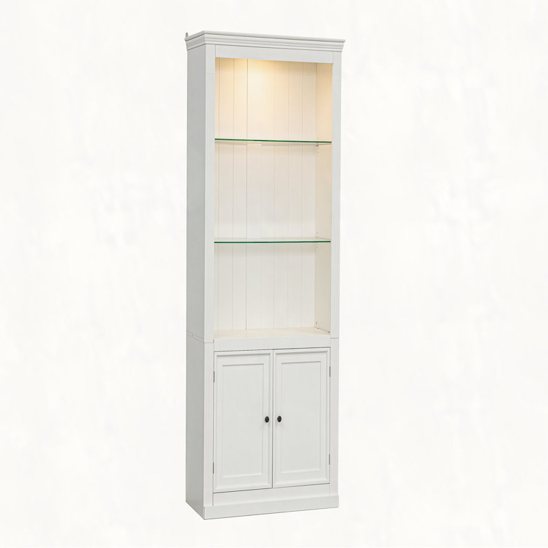 Display Shelves with 5 Colors Adjustable LED Ceiling Light, Retro-style Bookcases with Tempered Glass Shelves for Living Room, Home, Office, Studio or Workspace
