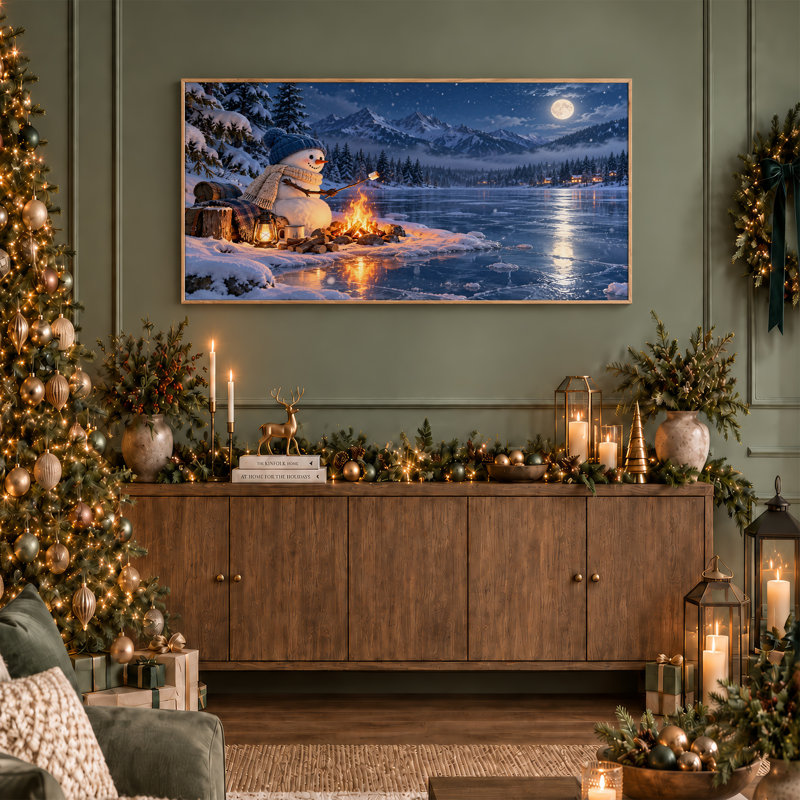«Snowman Roast Marshmallow» par Campfire sur toile de Noël, art mural, L 58 po x H 28 po