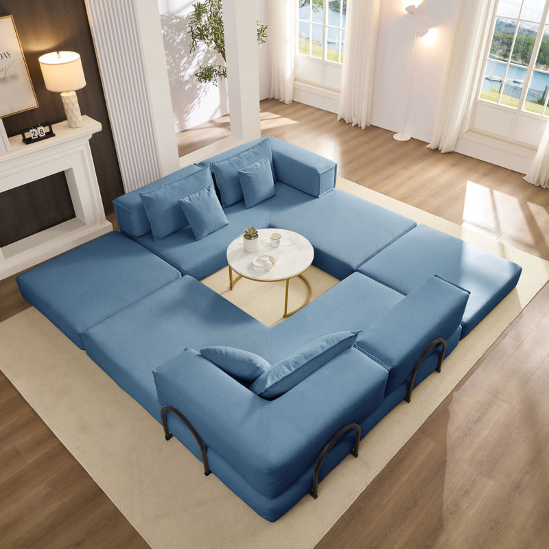 Canapé en L surdimensionné bleu rembourré en forme de L, conception modulaire, velours côtelé, mousse à haute densité, assemblage rapide en forme de 118,2 po, 6 coussins, lit convertible, élégant et confortable pour la maison