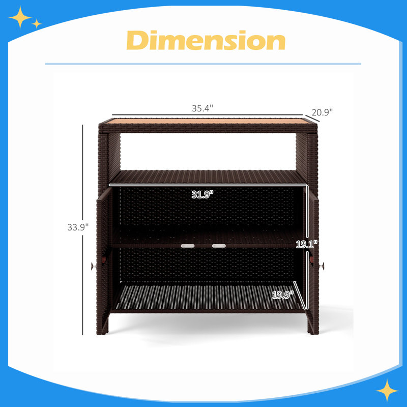 Armoire de rangement extérieure avec plateau en bois d'acacia, deux portes, tablette, table de bar en osier pour le rangement des serviettes de piscine