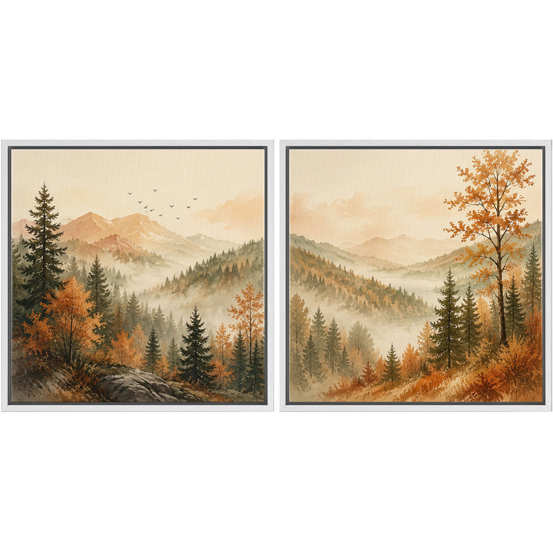 «Serene Mountain Valley with Pine Trees and Soft Autumn Landscape», ensemble de 2 reproductions d'art encadrées