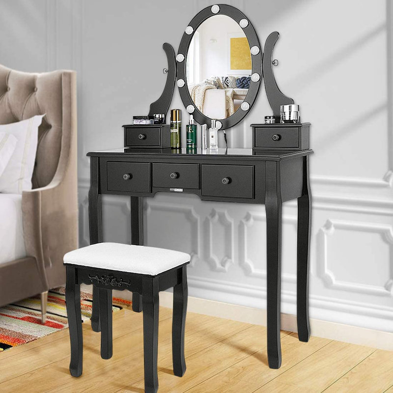 Ensemble coiffeuse avec miroir lumineux et tabouret coussiné Hayter, Noir