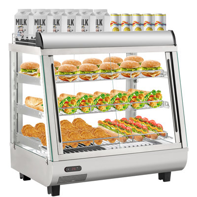 Vitrine chauffante de comptoir 26 po, chauffe-plat à 3 niveaux avec tablettes réglables, portes coulissantes en verre et éclairage DEL pour le service de pizza, de pâtisserie et de buffet