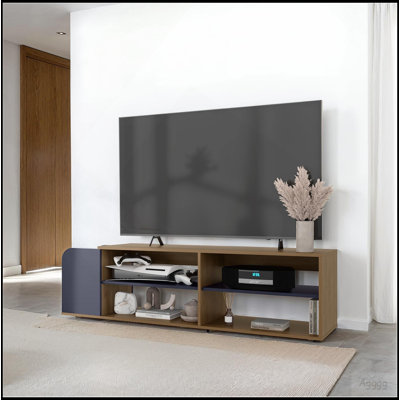 Meuble télé moderne, console de divertissement avec tablettes ouvertes, bleu marine et chêne naturel