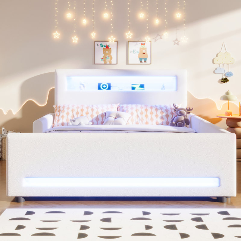 Full Size upholstered platform bed with drawer, LED light strip, USB port, White, Full, White