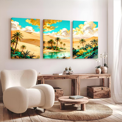 Oasis du désert avec palmiers et lac turquoise - Tableau sur toile (Ensemble de 3)