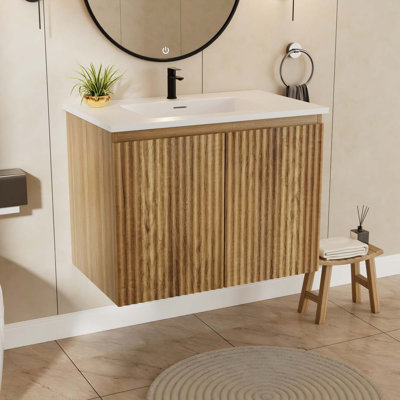 Meuble-lavabo de salle de bain 30 po avec lavabo en pierre d'ingénierie, meuble-lavabo flottant mural en chêne avec portes, moderne, avec drain, sans robinet