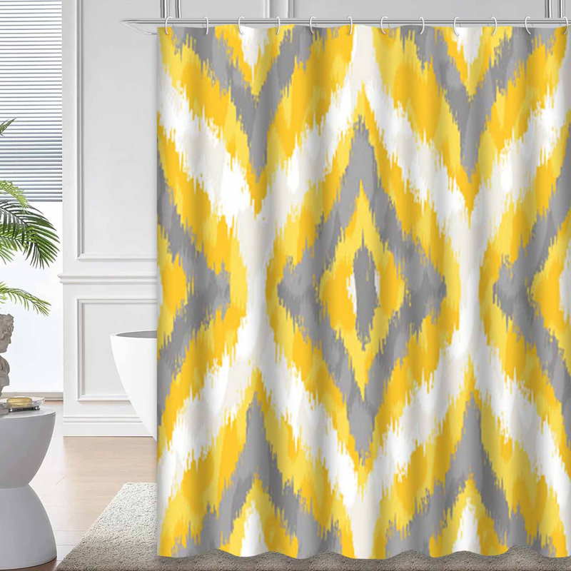 Rideau de douche jaune et gris à motif abstrait géométrique Ikat Wild Diamond, L 72 po x l 72 po