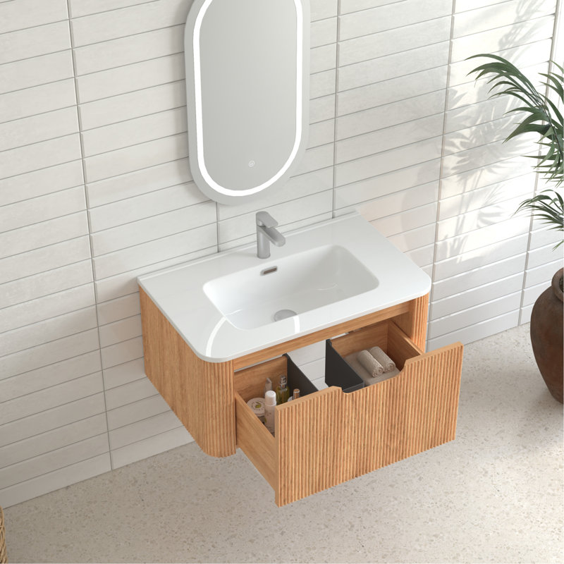 Meuble-lavabo de salle de bain flottant 30 po au fini noyer naturel, bords arrondis lisses, cuve en céramique blanche, pré-assemblé, tiroir intelligent, mécanisme de fermeture en douceur
