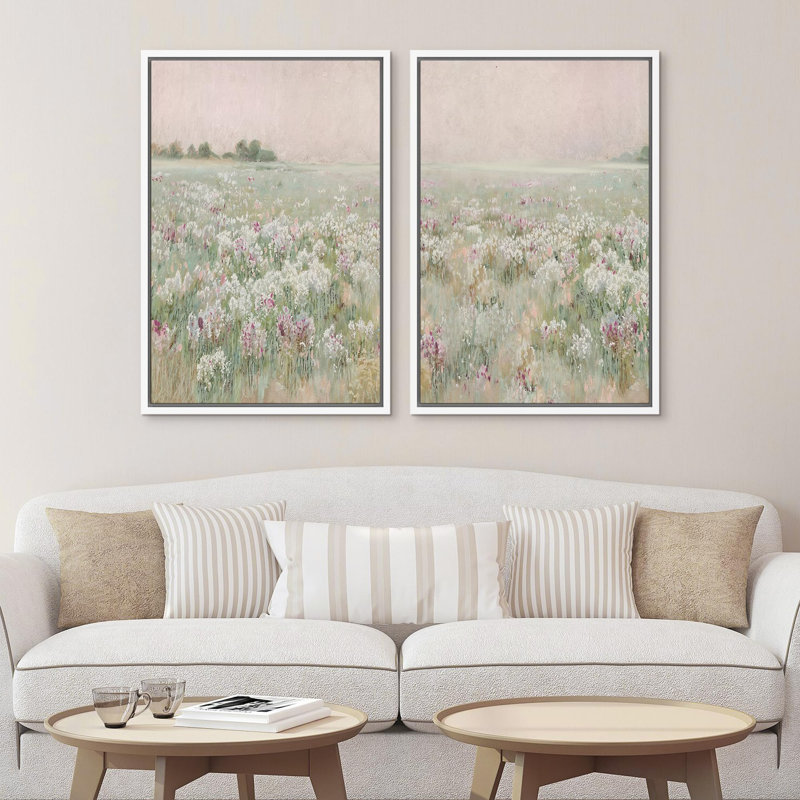 «Serene Meadow Field Pastel Floral Landscape In Hazy Dawn Light Modern Art Wall Decor», reproduction d'art encadrée sur toile, 2 pièces