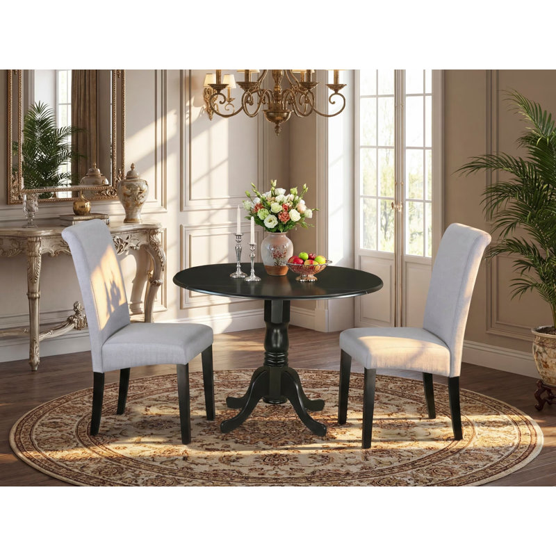 3 Piece Kitchen Table & Chairs Set Contains a Round Dining Room Table with Dropleaf and 2 Grey Linen Fabric Parsons Dining Chairs, 42x42 Inch, Black
