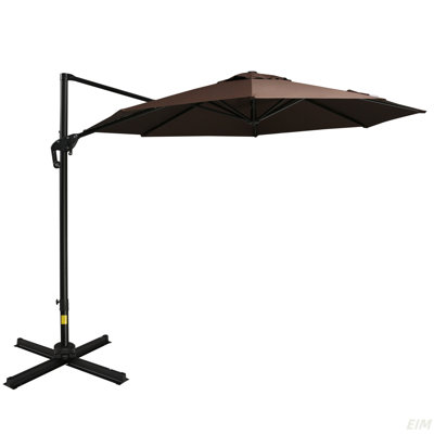 Parasol de patio décalé de 10 pi avec base, parasol suspendu en aluminium et en porte-à-faux en acier avec rotation à 360 °, inclinaison facile, 8 nervures, manivelle, base transversale incluse pour la cour, le bord de la piscine, le jardin, le café