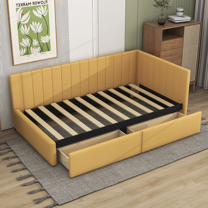 Upholstered Daybed With 2 Storage Drawers, Yellow, Twin