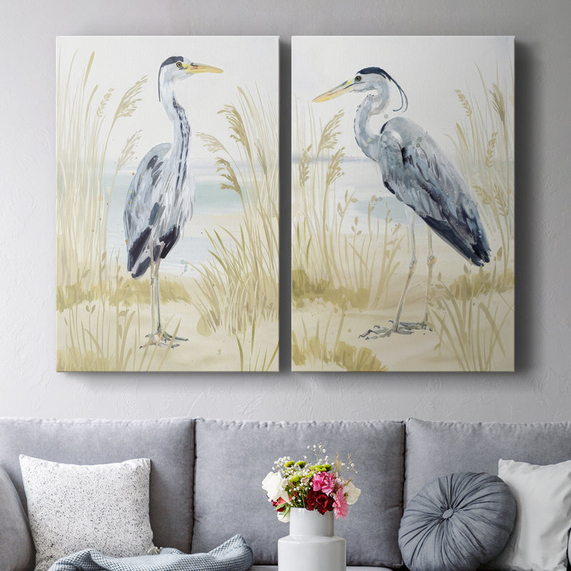 Heron sur la côte I - Toile tendue avec châssis de qualité supérieure - Prêt à être accroché, H 12 po x l 16 po