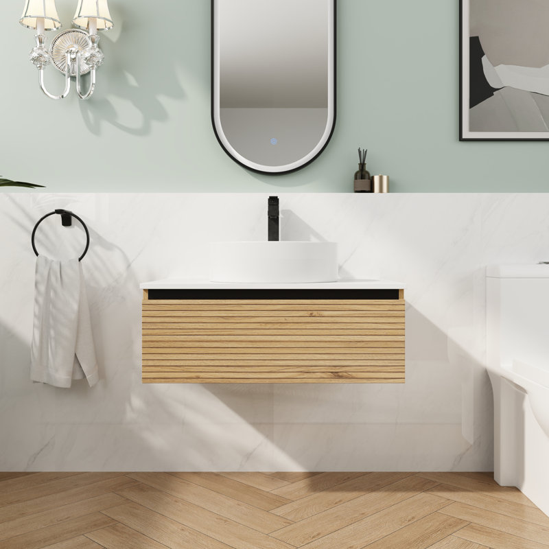 Meuble-lavabo mural 30 po avec lavabo en céramique et tiroir à fermeture en douceur, 29.53", Blanc