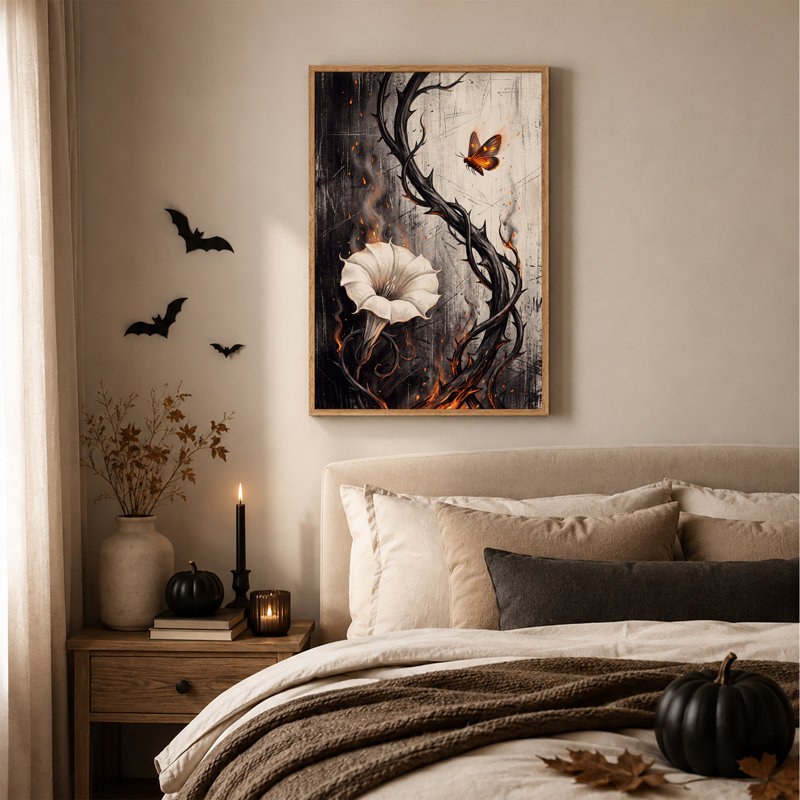 Toile murale d'Halloween avec fleurs blanches et vignes épineuses et lueur orange, H 36 po x l 24 po