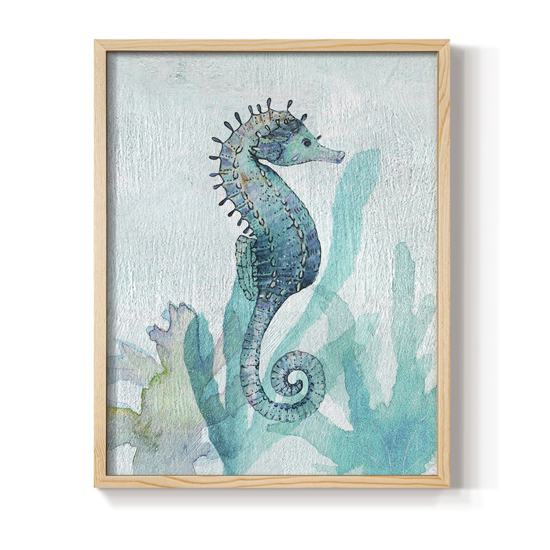 Hippocampe I, reproduction encadrée - bois massif, H 21 po x l 17 po, Naturel