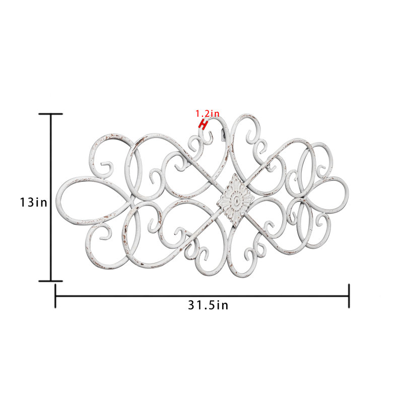 Rustic Wrought Iron White Wall Decor 32" x 13", Hanging Flower Scroll Metal Wall Art Decor, White
