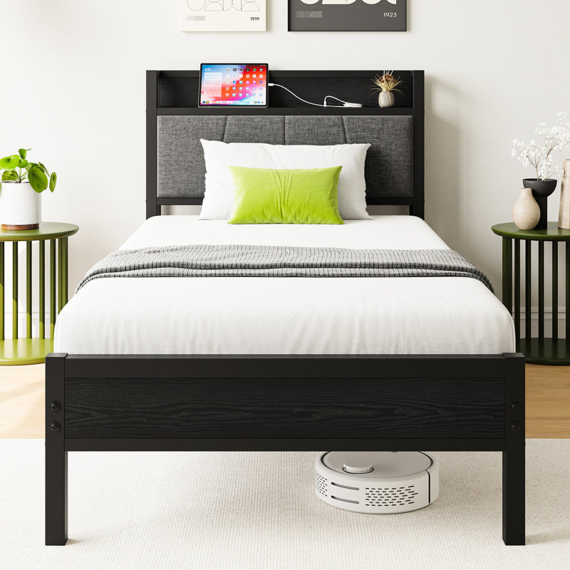 Lit plateforme simple avec rangement pour la tête de lit et ports - 10,4 po sous le rangement, cadre de conception fonctionnelle, fonction de charge pour toutes les tailles de matelas, assemblage facile