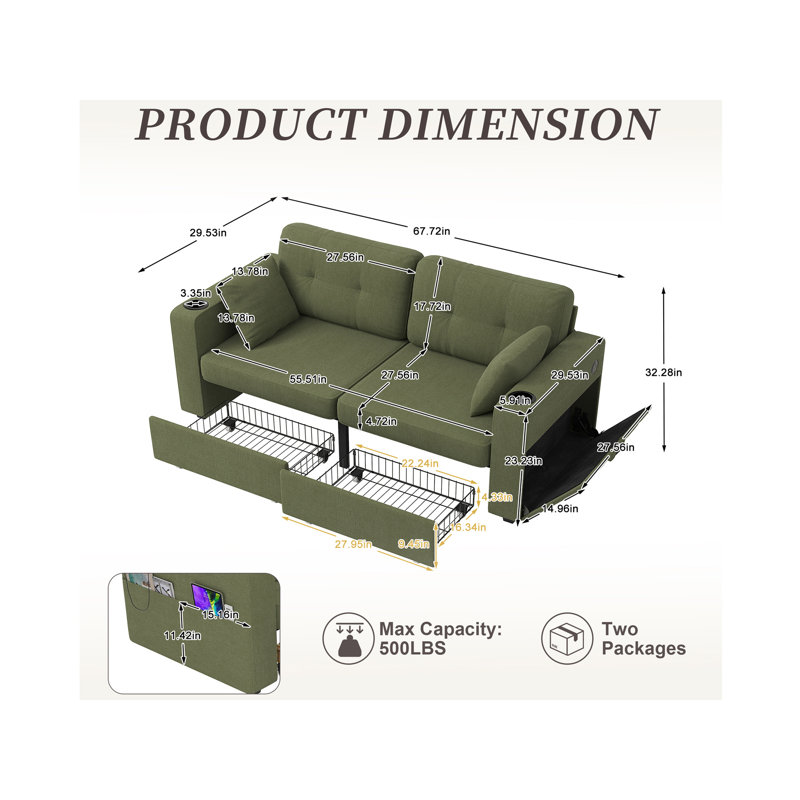 67.7'' Upholstered Loveseat With Charging Station, Olive