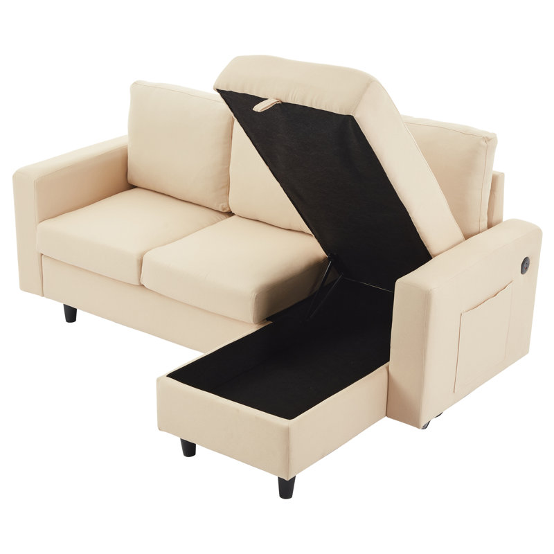 L-shaped 3 Seater Convertible Sofa With Led, Usb And Ottoman, Beige