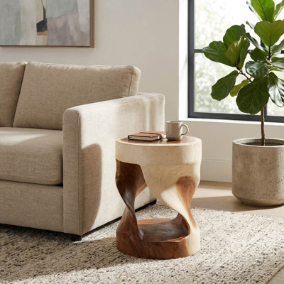 Tabouret sculptural rond en bois, 45 cm, brun et ivoire, idéal pour le salon et la salle de bain. Siège moderne sans dossier, design artistique.