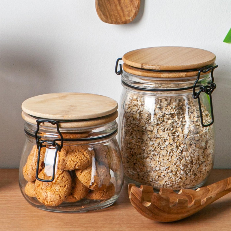Argon Tableware - Wooden Clip Lid Storage Jars - Clear Seal - Set of 3, 14cm H x 11cm W x 13cm D