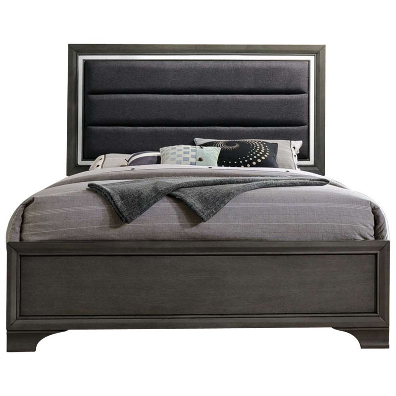 Ensemble de chambre à coucher moderne gris anthracite avec lit tapissier grand, commode et miroir, Grand