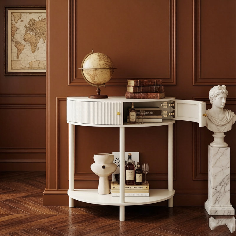 Console en rotin avec placard et étagère inférieure, style bohème demi-lune, idéale pour une entrée, un salon ou une chambre, couleur crème et blanc.