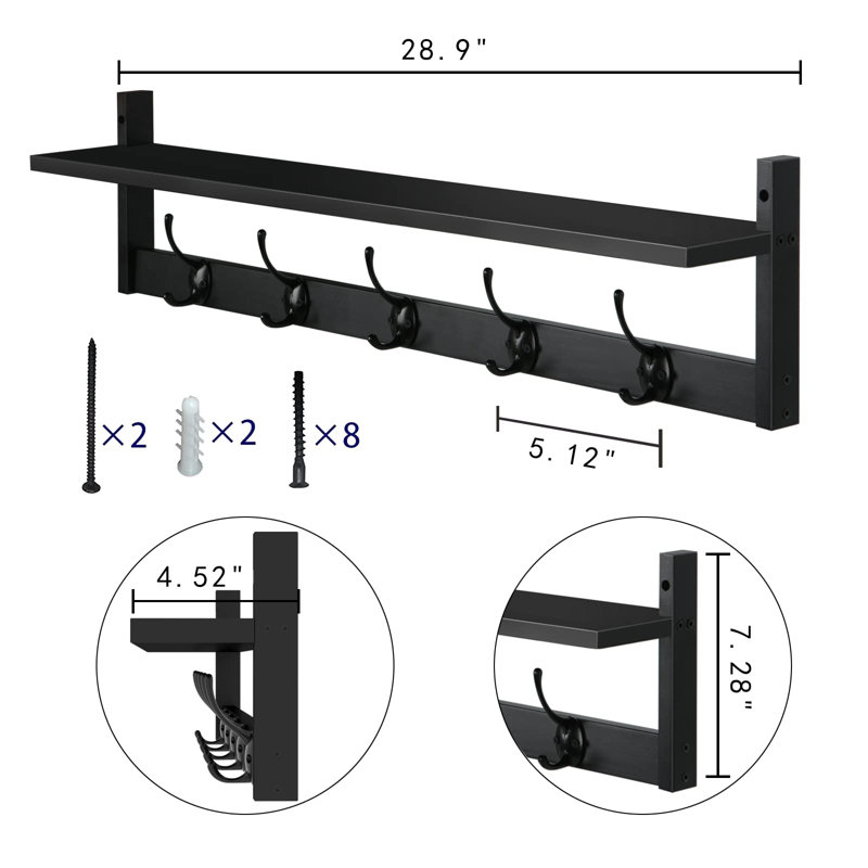 Black Wall-Mounted Coat Rack with Shelf and Hooks