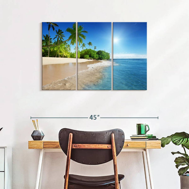 Ensoleillé, ensemble de 3 pièces d'art mural sur toile Sunny Caribbean Beach, H 38 po x l 24 po x P 1,25 po