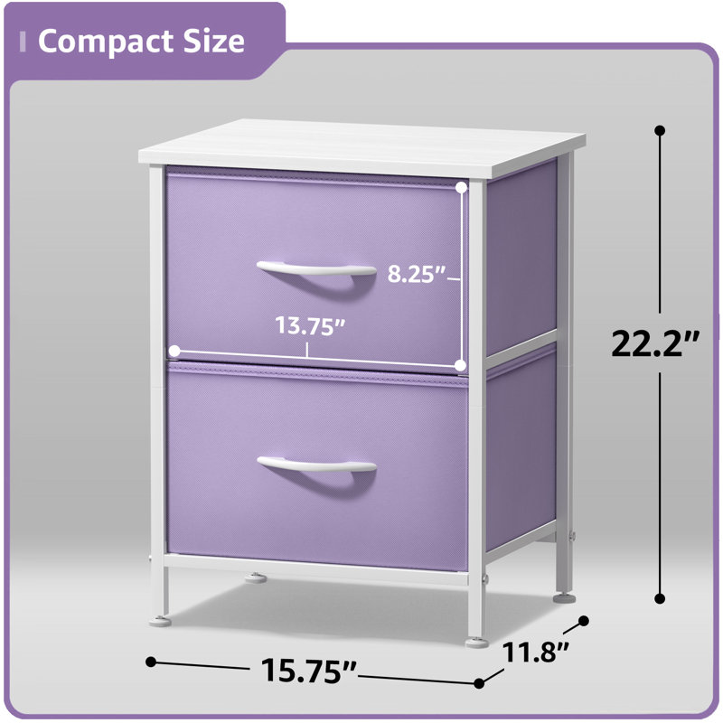 Sorbus Nightstand with 2 Drawers - Steel Frame, Wood Top & Easy Pull Fabric Bins - (2 Pack), Purple, Purple