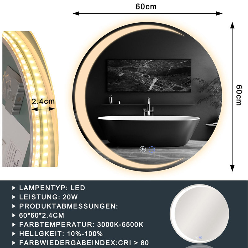 Bathroom mirror round LED lighting touch switch dimmable bathroom mirror, 60 cm H x 60 cm W